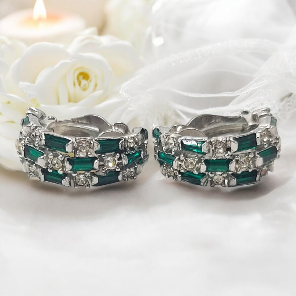 Marcel Boucher Emerald Green Rhinestone Earrings Phrygian Cap Mark Half Hoop